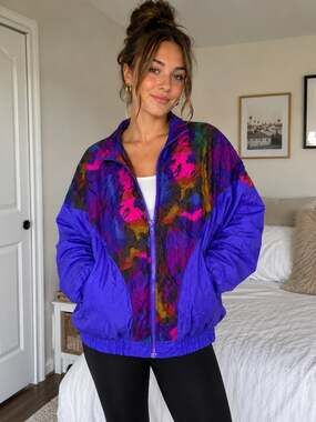 Vintage 80s/90s Oleg Cassini Windbreaker Jacket 80s Puffer Zip Up Nylon Pink Pur